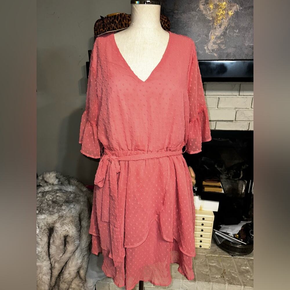 KOJOOIN Dress Bell Sleeves Peach Flowy Double Layer Dress Sz L NEW WITH TAGS